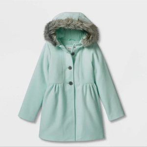NEW! Girls' Faux Wool Jacket with Hood, Mint Green/Blue